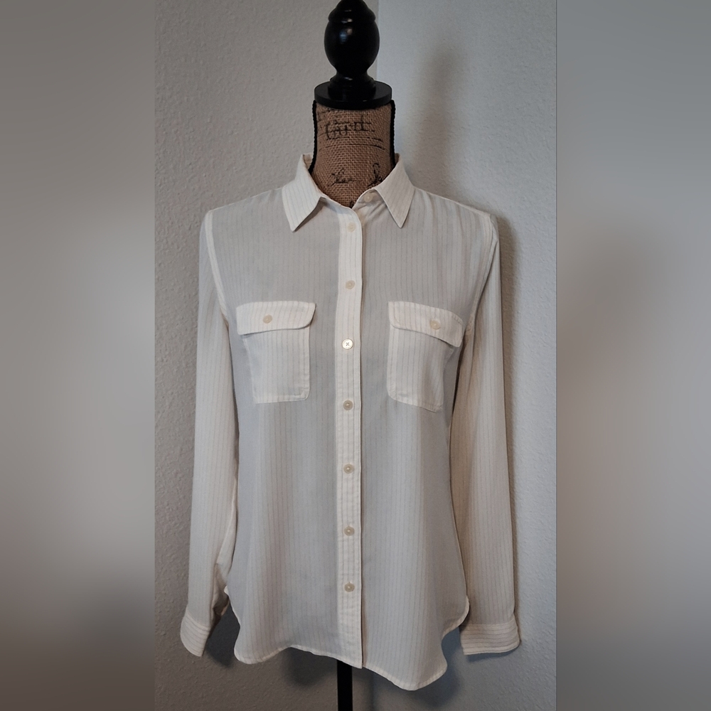 LOFT Cream Sheer Striped Button-Up Blouse